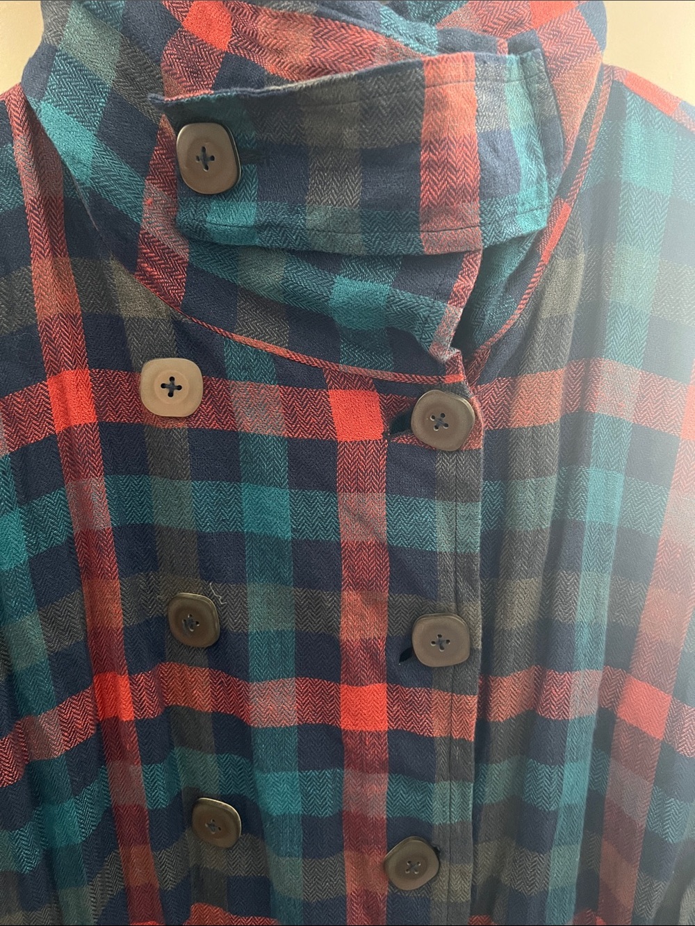 Plaid Double-Breasted Women's Coat - Red & Blue - Picture 2 of 5